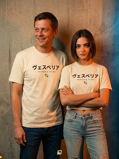 Two people in cream katakana Vesperia tees