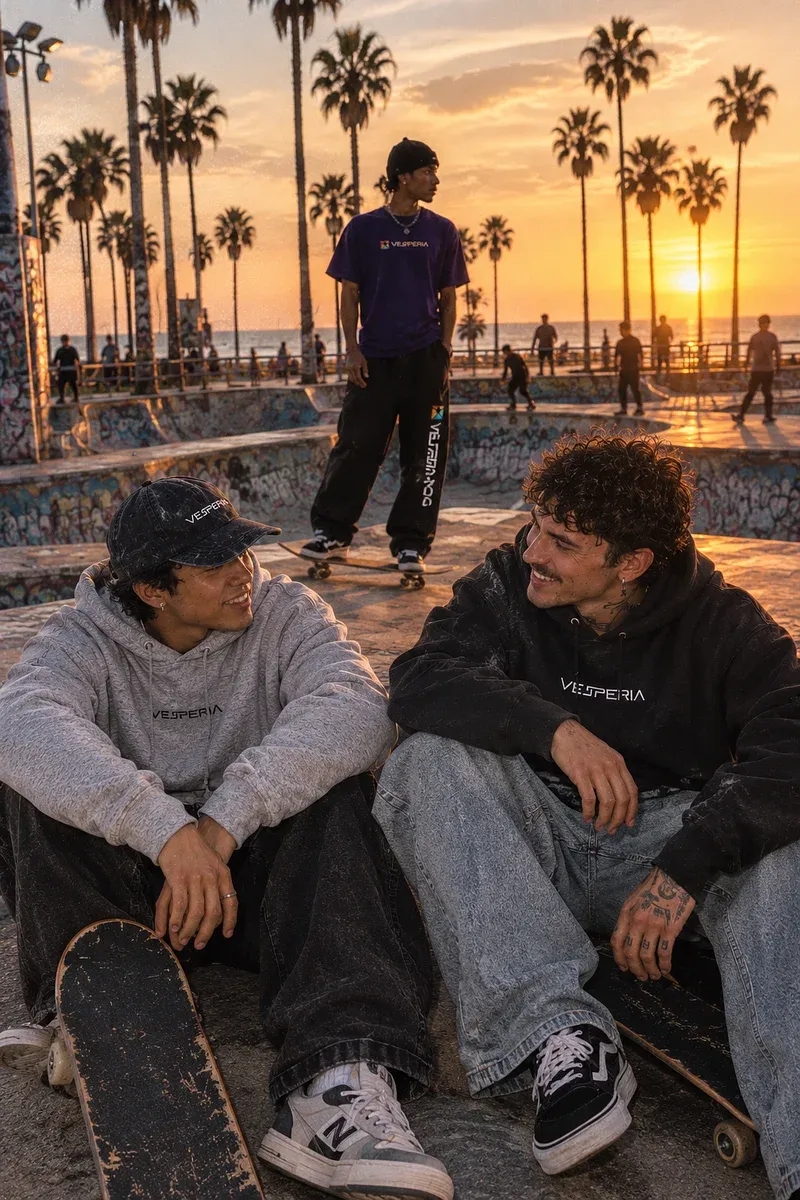 Friends in Vesperia hoodies at a Venice Beach skatepark at sunset