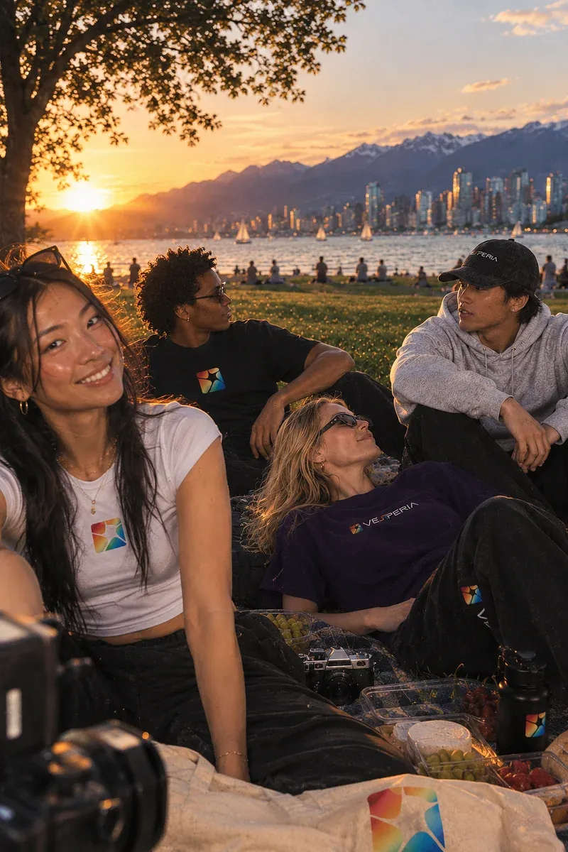 Friends in Vesperia merch at a sunset picnic overlooking the city